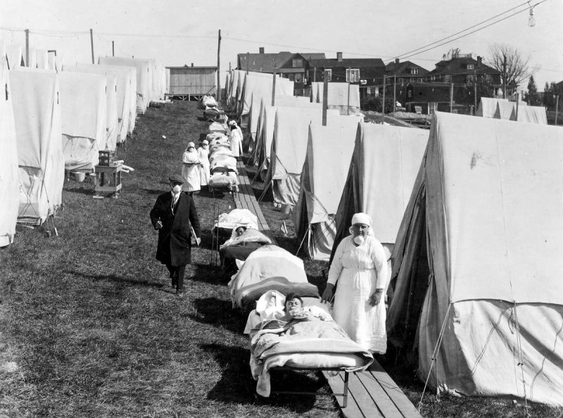 Influenza Patients Getting Sunlight At The Camp Brooks Emergency Open Air Hospital In Boston. Medical Staff Were Not Supposed To Remove Their Masks.