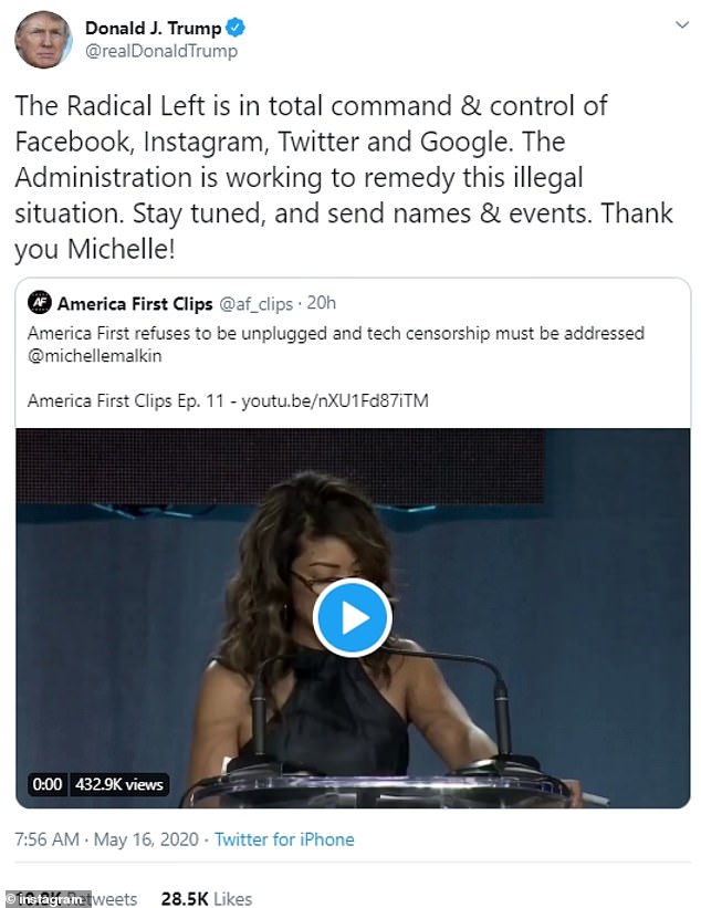 'The Radical Left is in total command & control of Facebook, Instagram, Twitter and Google,' Trump said in his Saturday tweet. 'The Administration is working to remedy this illegal situation. Stay tuned, and send names & events. Thank you Michelle!