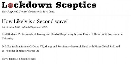 Masthead for "Lockdown Skeptics.org" publisher of "How Likely is a Second Wave?"