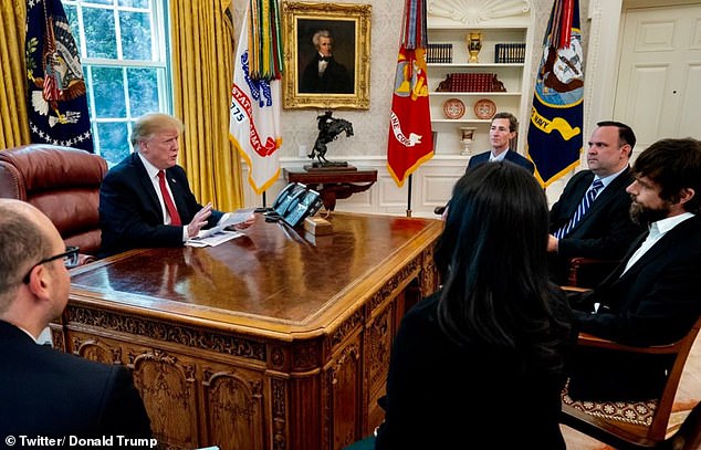 A picture shared by Donald Trump on Twitter when he met with tech chiefs including Twitter CEO Jack Dorsey, pictured to the far right. He slammed the social media platforms on Saturday