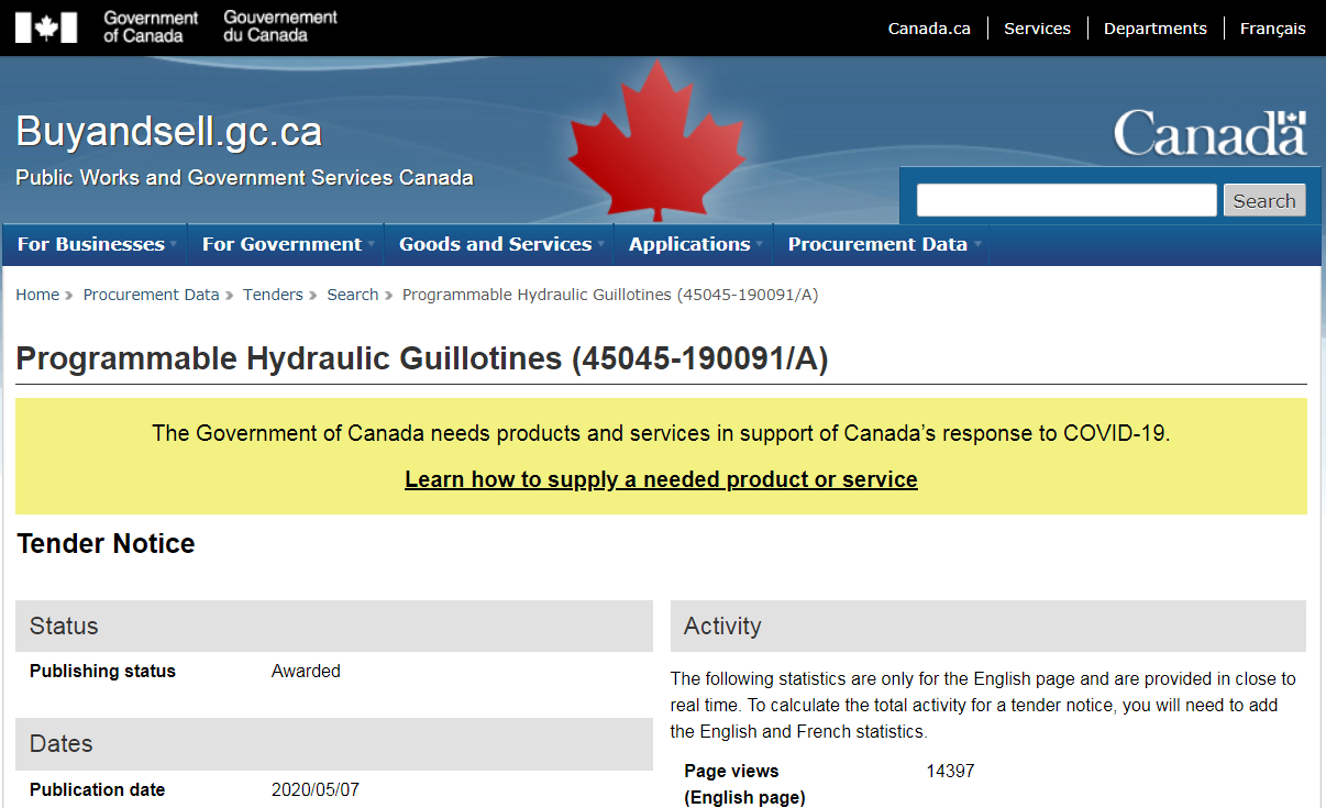 Image: Canadian government publishes bid request for “Programmable Hydraulic Guillotines” needed “in support of Canada’s response to COVID-19”
