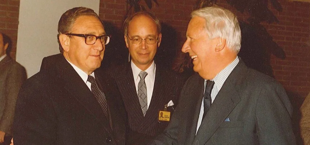 Henry Kissinger, Klaus Schwab and Ted Heath at the 1980 World Economic Forum Annual Meeting